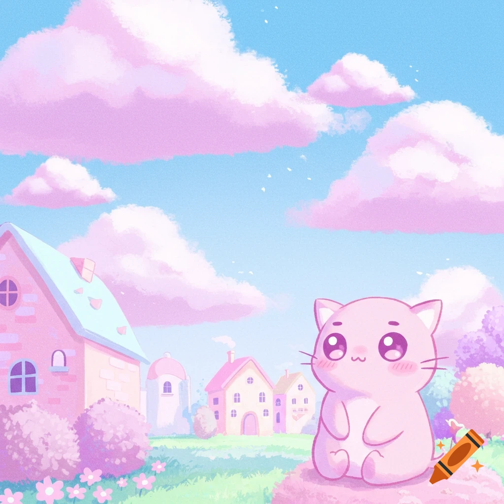 A cute pink cat sits on a rock in a pastel village scene.
