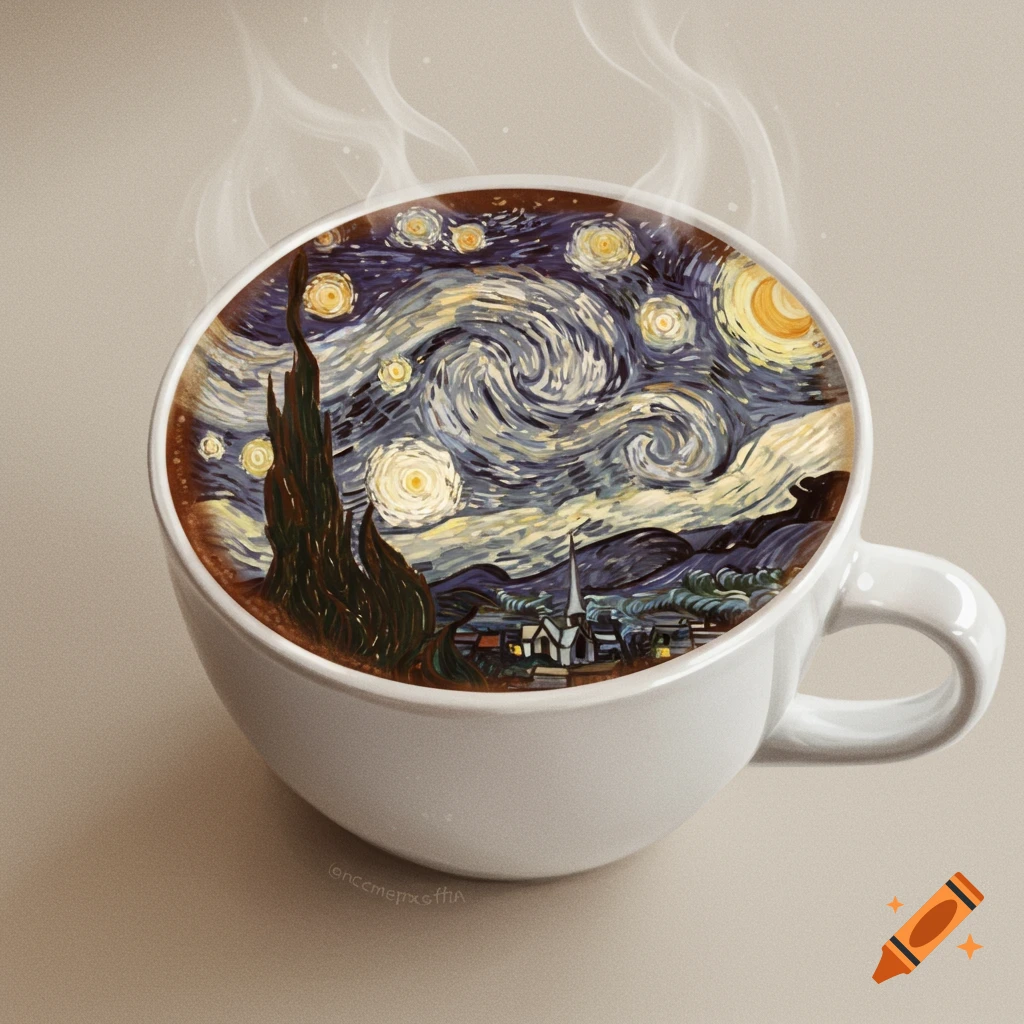 A latte with foam art depicting Van Gogh's Starry Night scene.