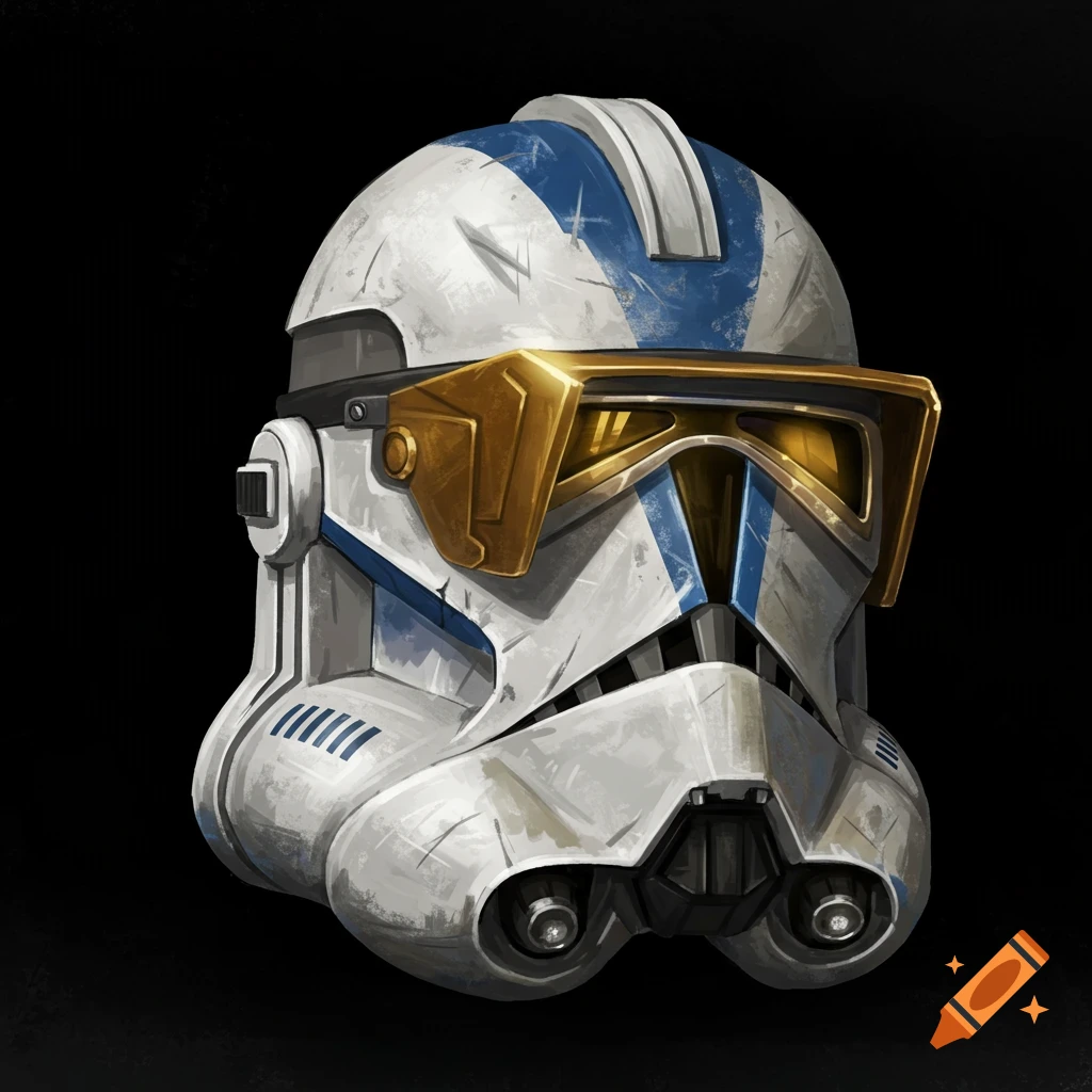 A Star Wars Phase 1 clone trooper helmet with a golden visor against a black background.