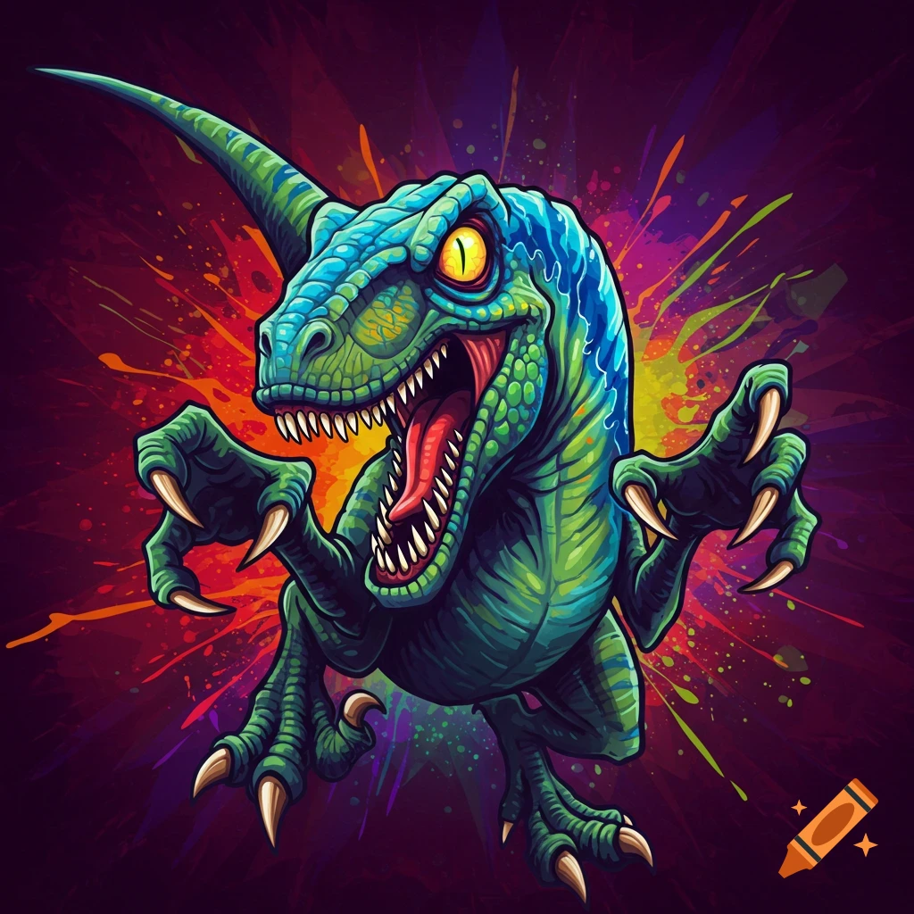 Stylized image of a blue and green velociraptor with open mouth and claws extended against a colorful splash background.