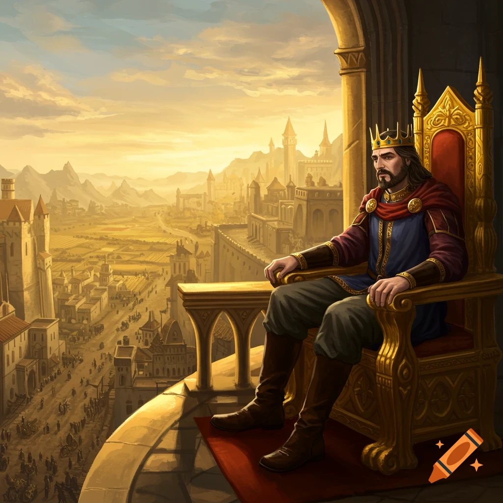 A king sits on a golden throne on a balcony overlooking his kingdom at sunset.