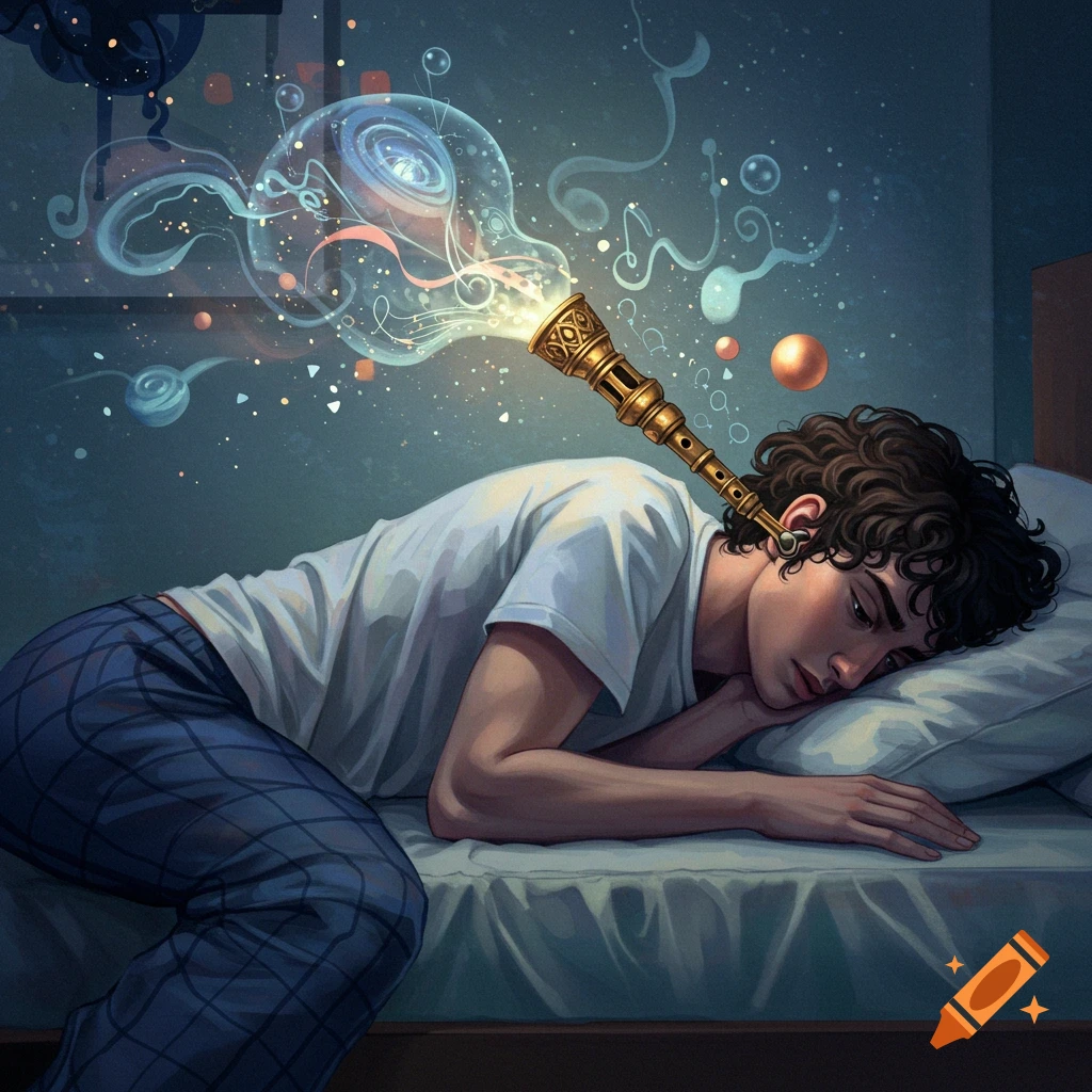 A person is sleeping with a device in their ear from which glowing abstract shapes flow.