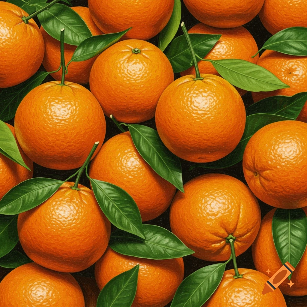 Overhead view of many oranges with green leaves