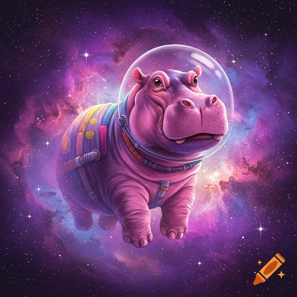 A pink hippo in a colorful space suit floats in a starry galaxy.