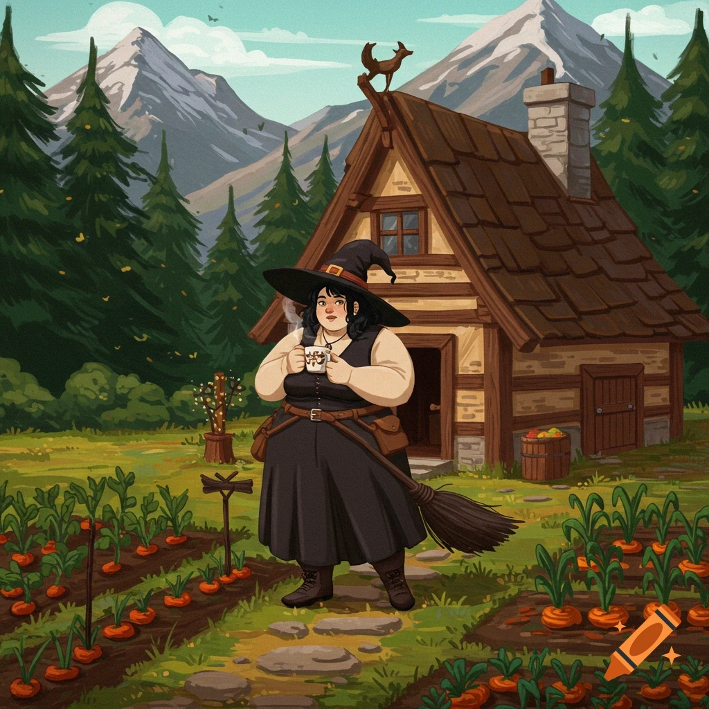 A plus-size witch in a hat and dress sips coffee outside a cottage in a garden with mountains in the background.
