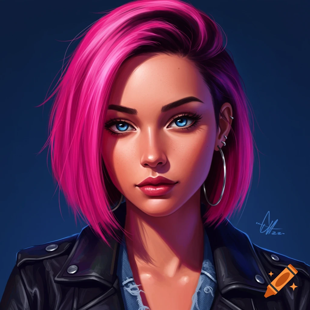 A woman with short pink hair and blue eyes wearing a leather jacket.