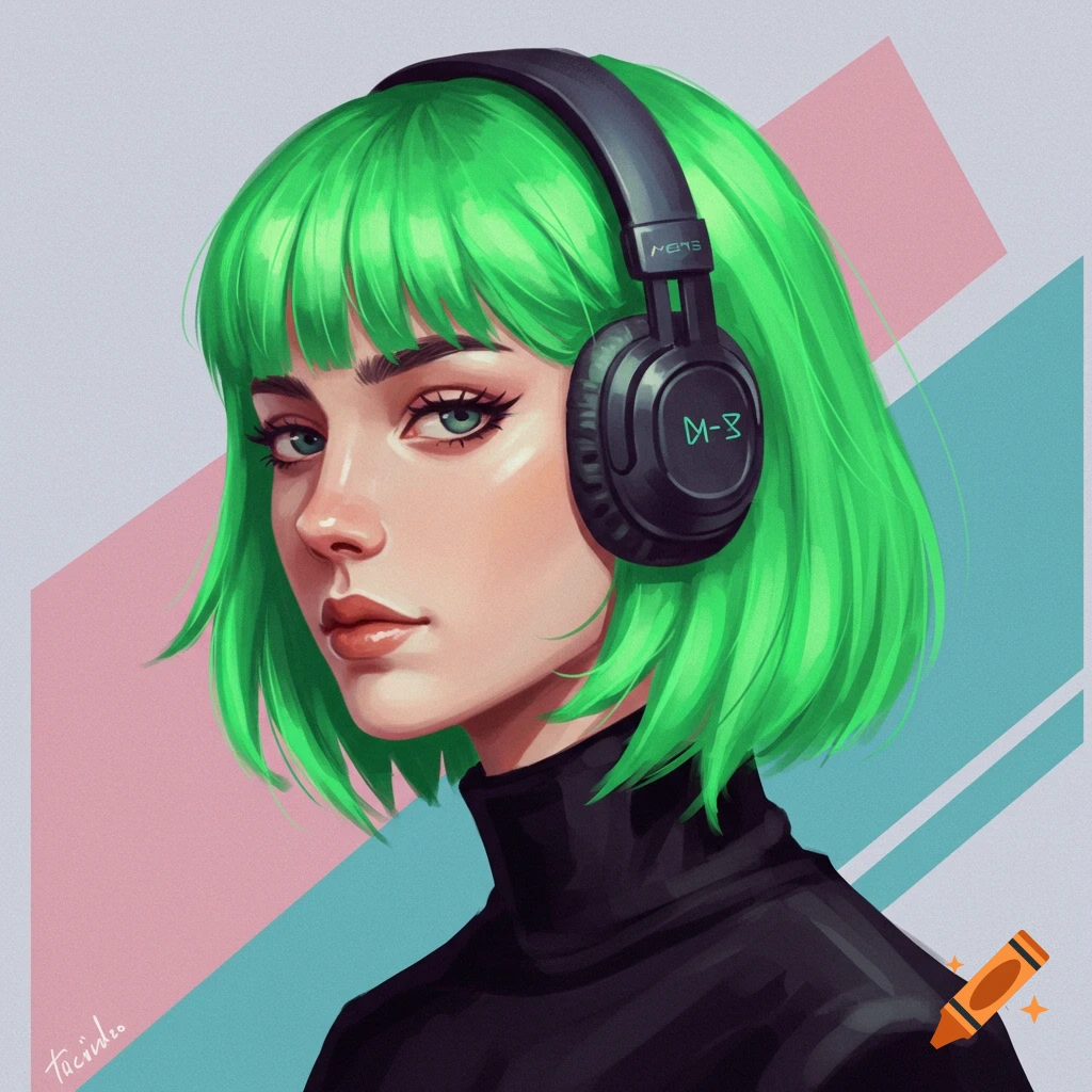 A woman with bright green hair wearing headphones against a geometric background.