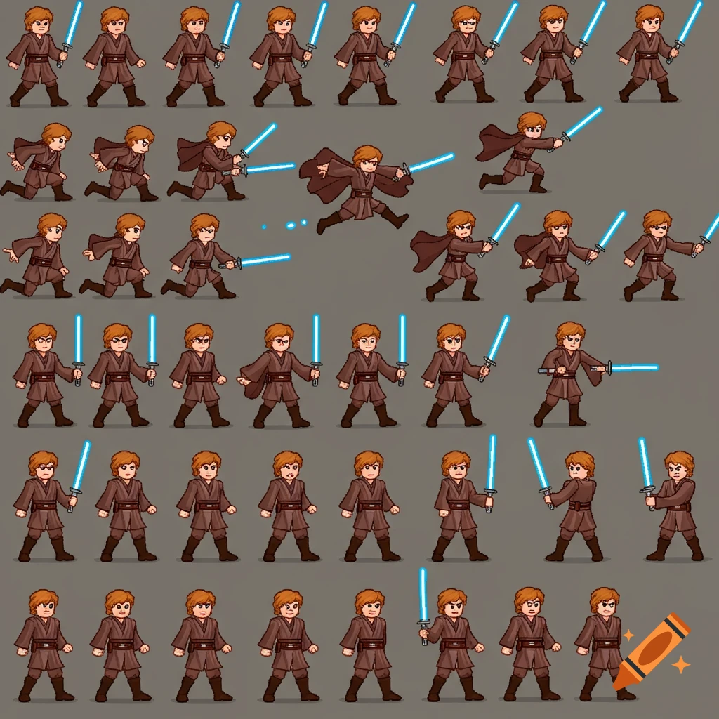 Pixel art sprite sheet of a character resembling Anakin Skywalker with a blue lightsaber in various poses.
