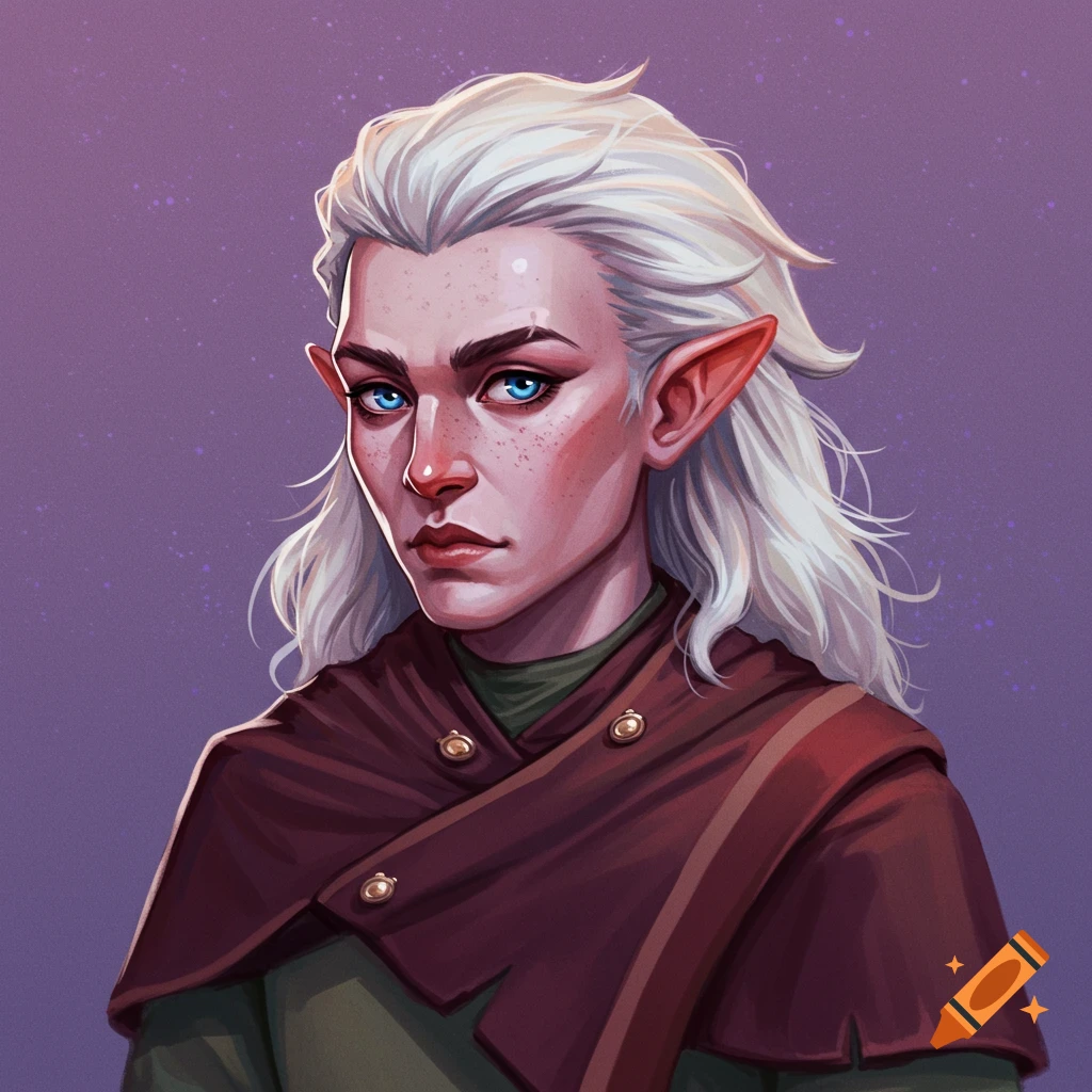 Portrait of a fantasy character with white hair, pointed ears, and blue eyes wearing a cloak.