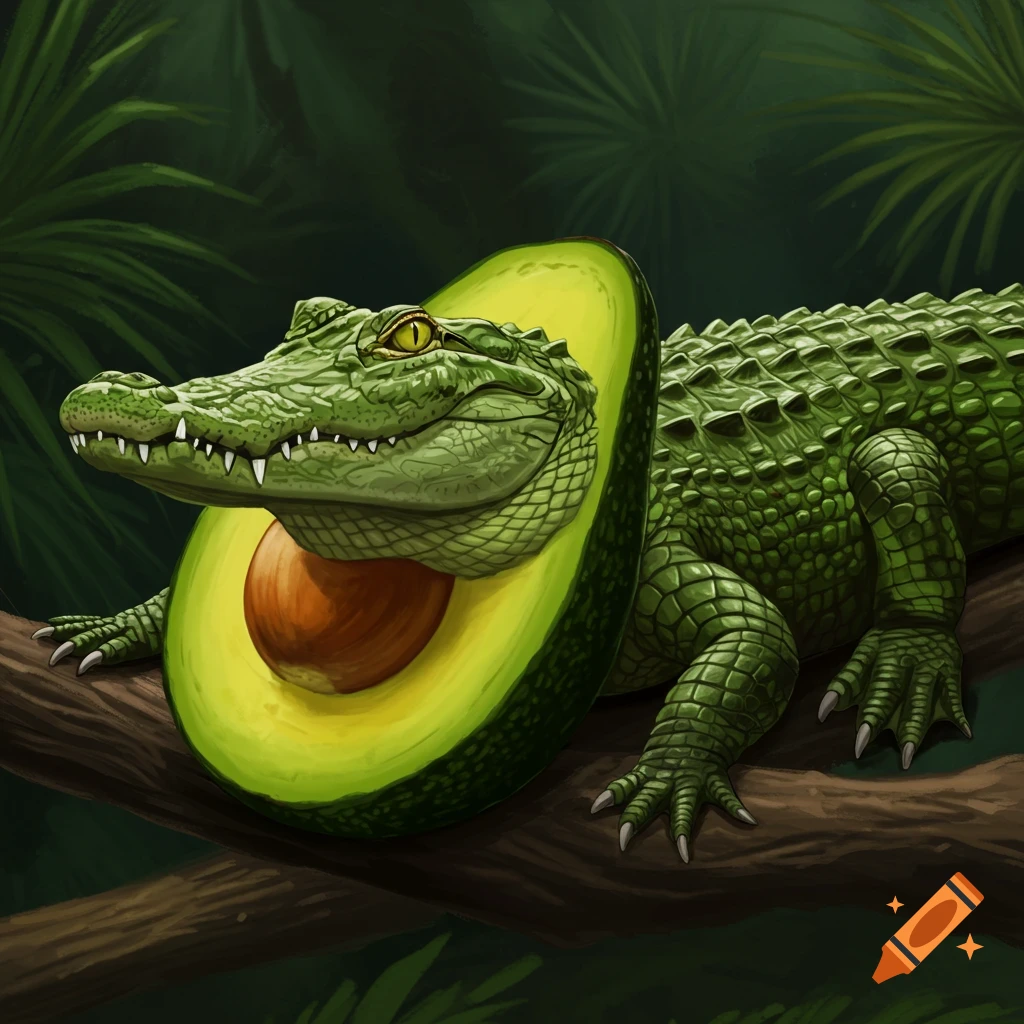 An alligator's head and front legs emerge from a giant avocado half on a tree branch in a jungle.