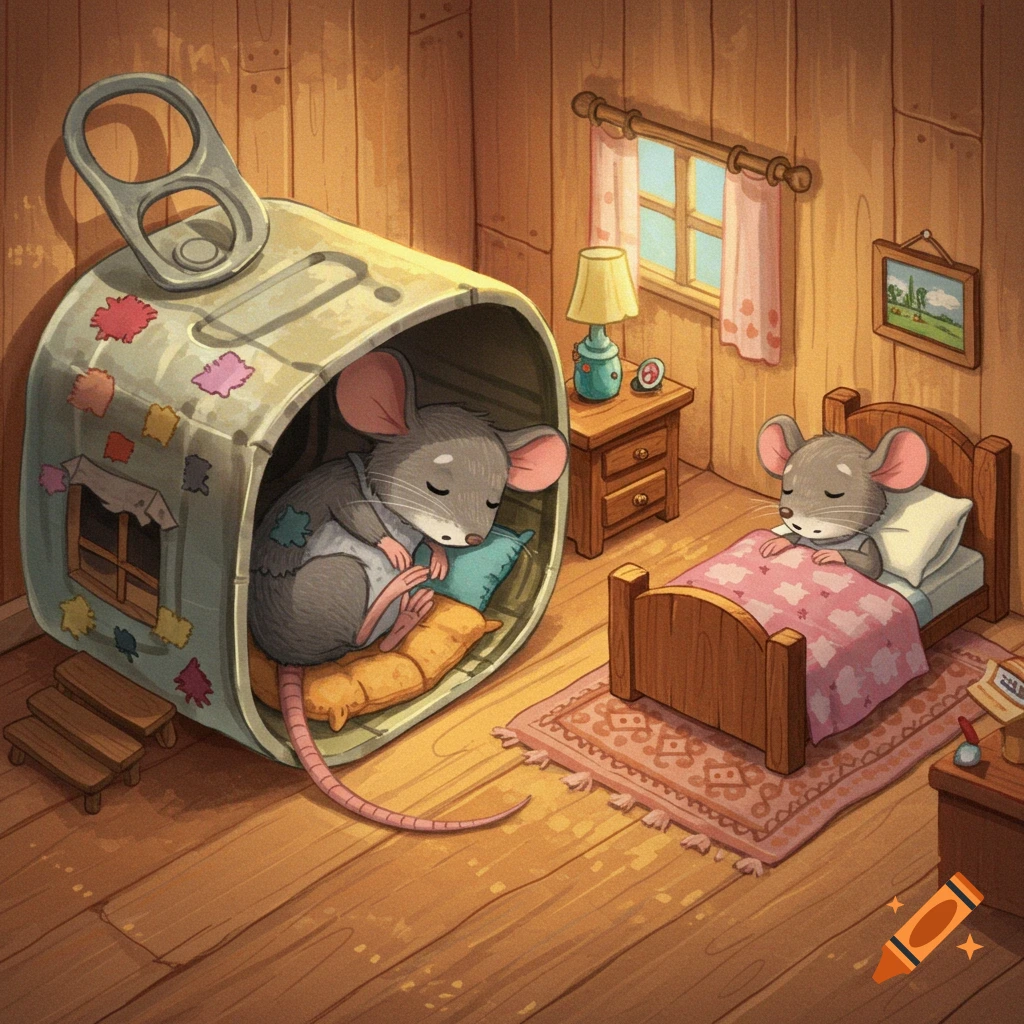 Two animated mice sleeping in a room, one in a sardine can bed and one in a wooden bed.