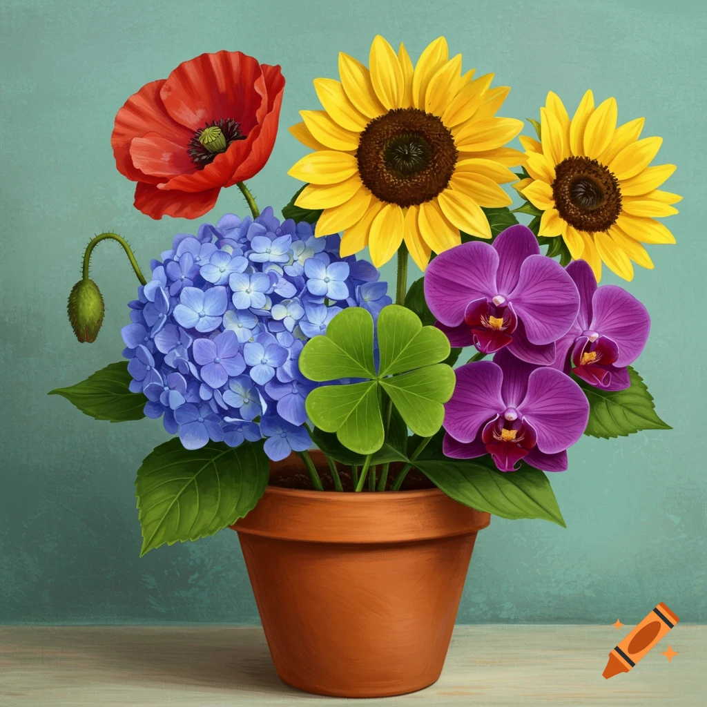 Vibrant flowers and a clover in a pot.