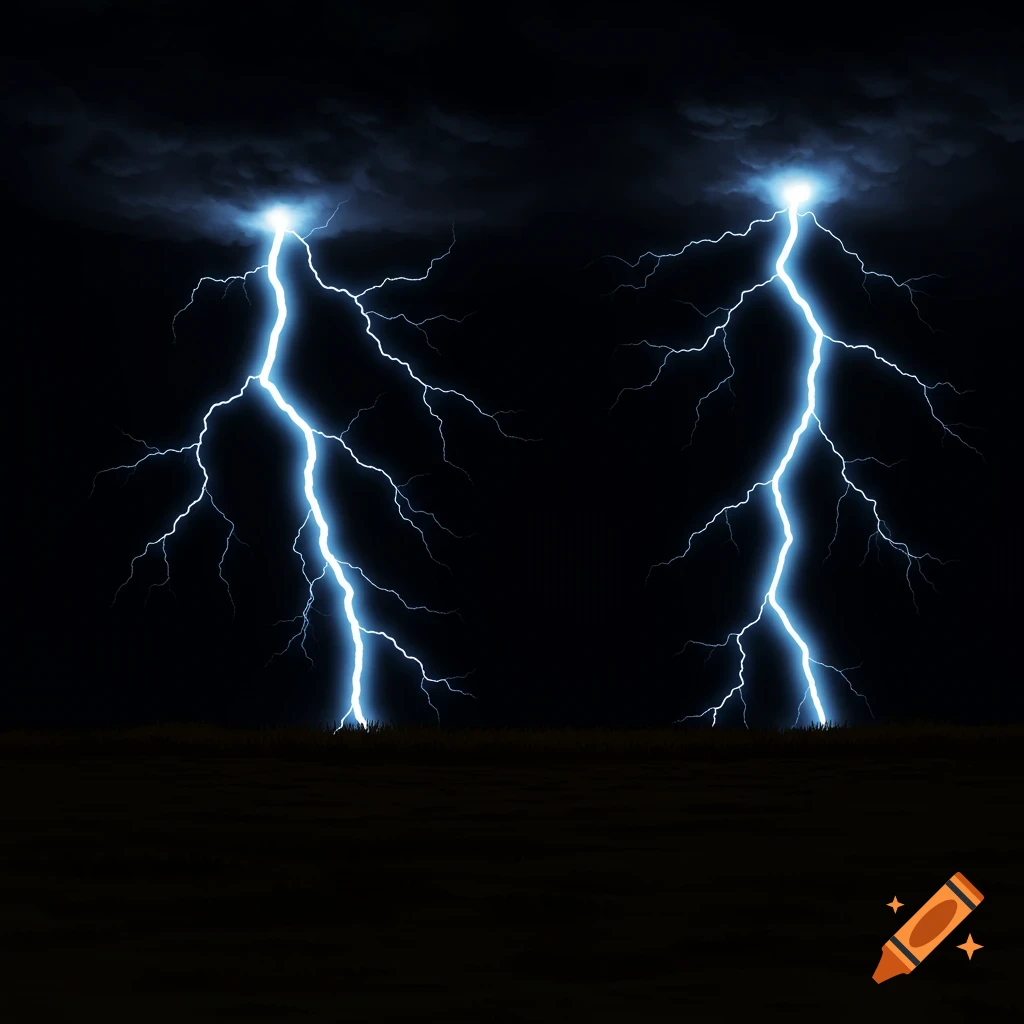 Two bright lightning strikes hit the ground under dark clouds.