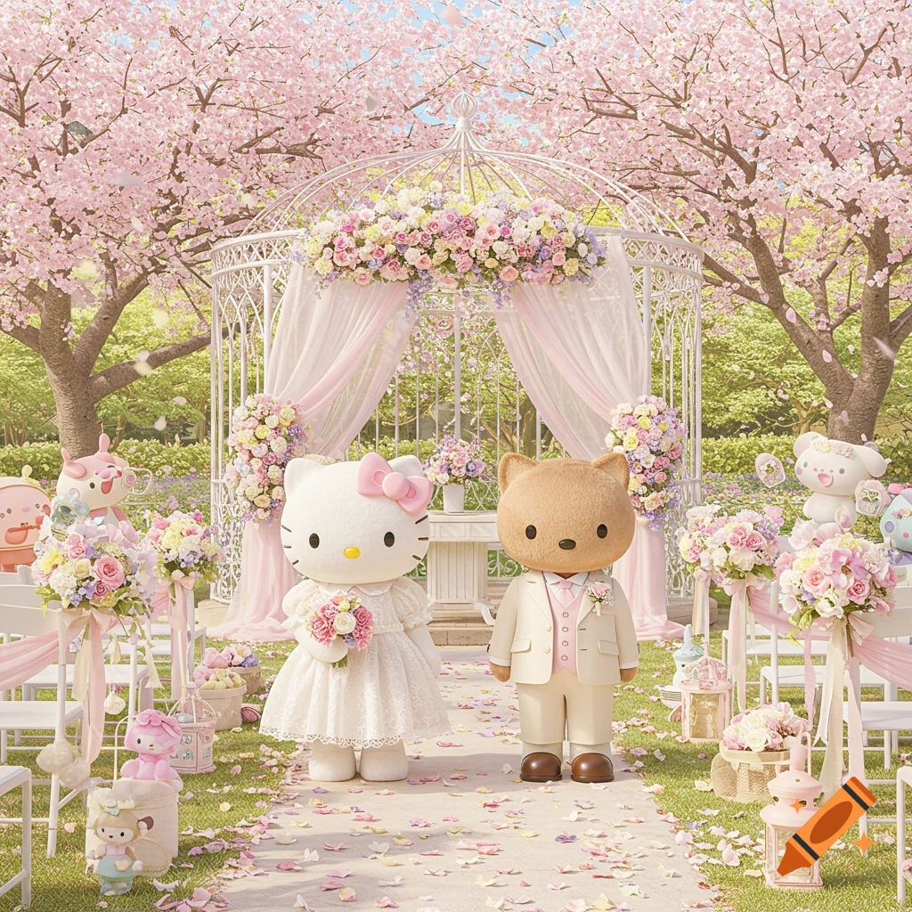 Hello Kitty and Dear Daniel in wedding attire at an outdoor ceremony with cherry blossoms.