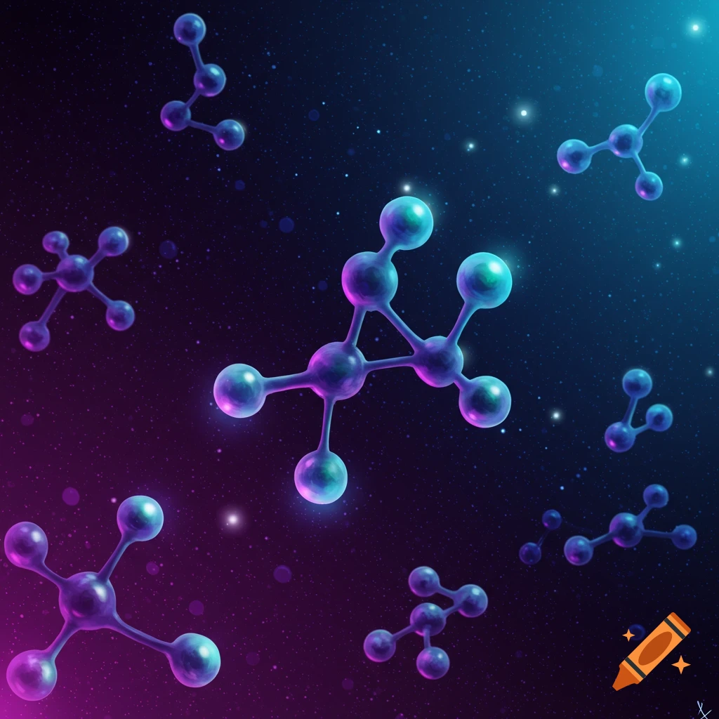Stylized molecules float in a deep space background with stars and colorful light gradients.