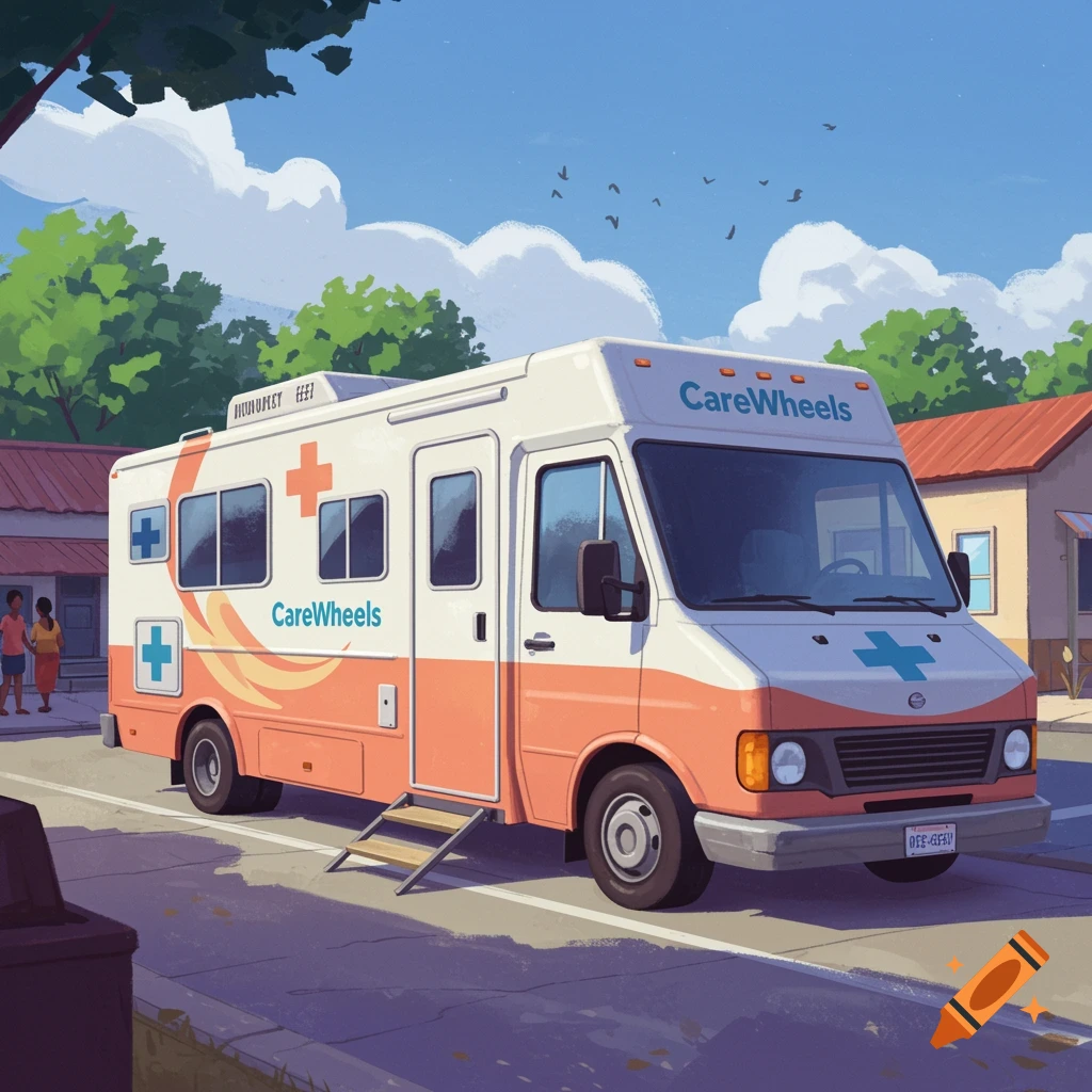 A vibrant image of a mobile clinic van, labeled CareWheels, parked in a community setting.