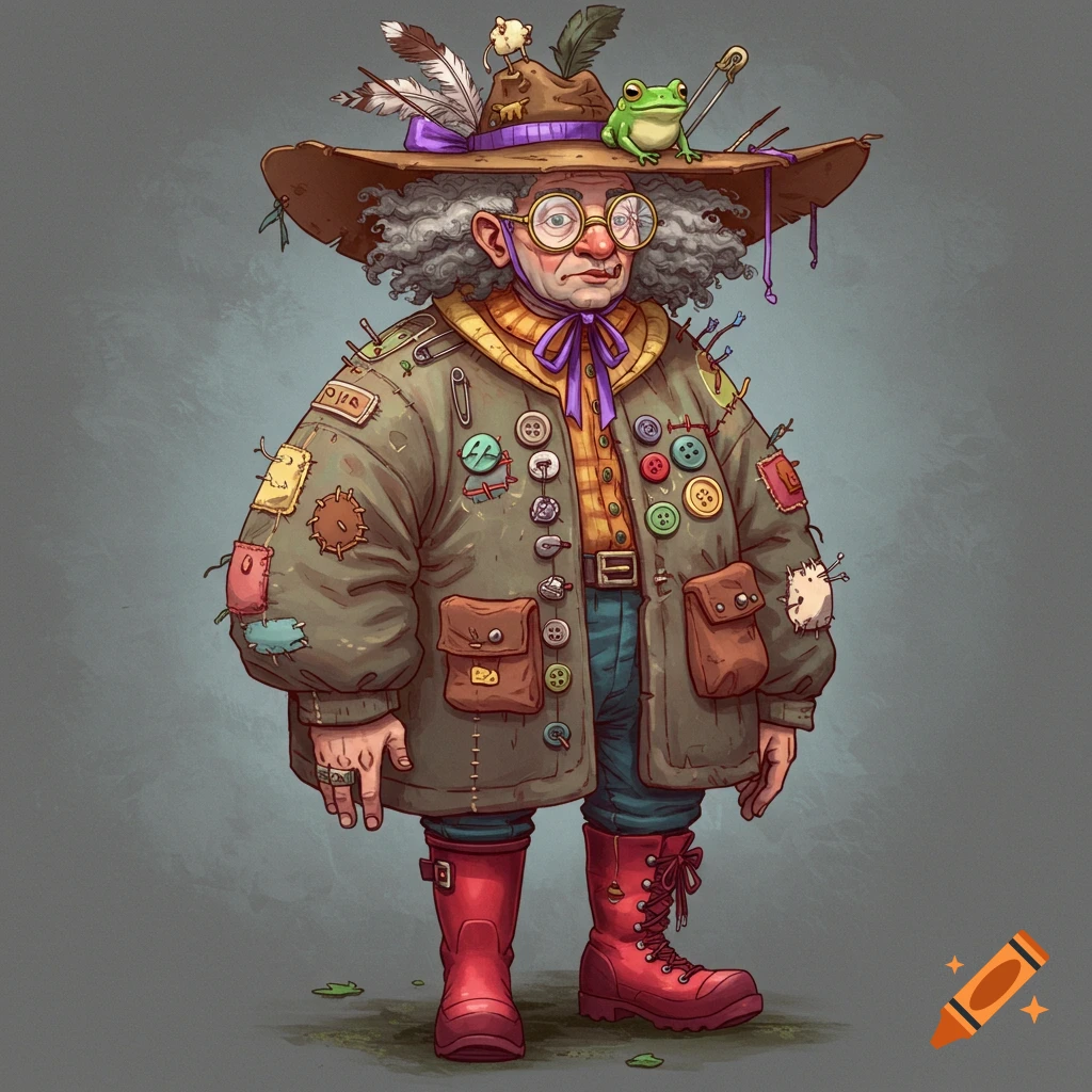 A whimsical character in a patched coat, decorated hat, and mismatched boots.