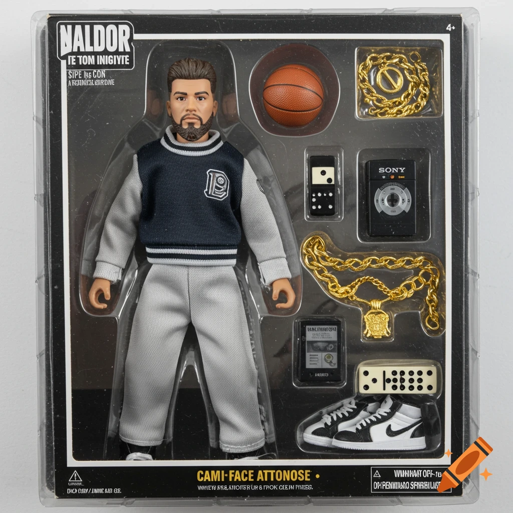 Action figure set in blister packaging with figure, basketball, gold chains, dominoes, Sony Walkman, and sneakers