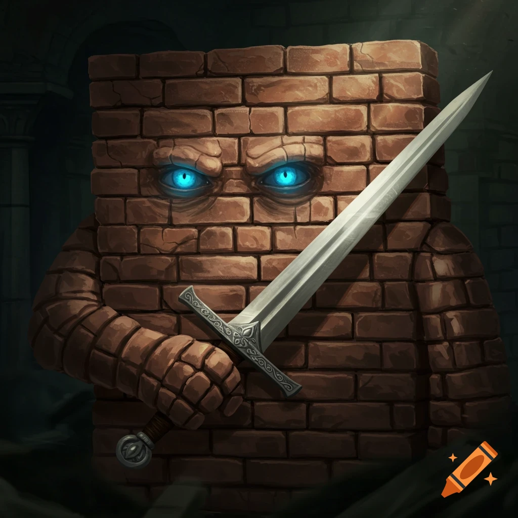 A creature made of brick wall stands in a dark dungeon, its eyes glowing blue. It holds a sword.