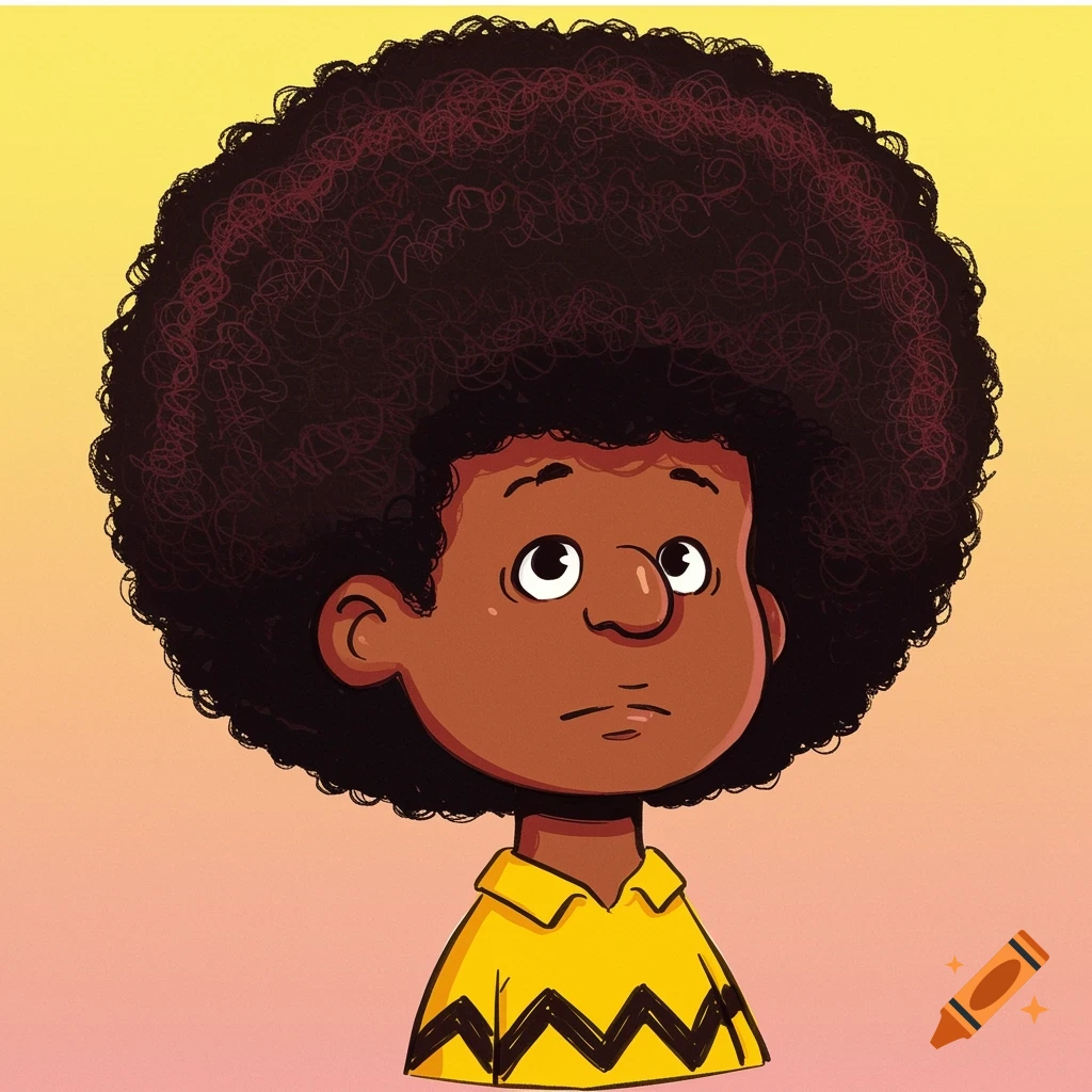 A cartoon portrait of a character resembling Charlie Brown with dark skin and a large afro, wearing his yellow zigzag shirt.