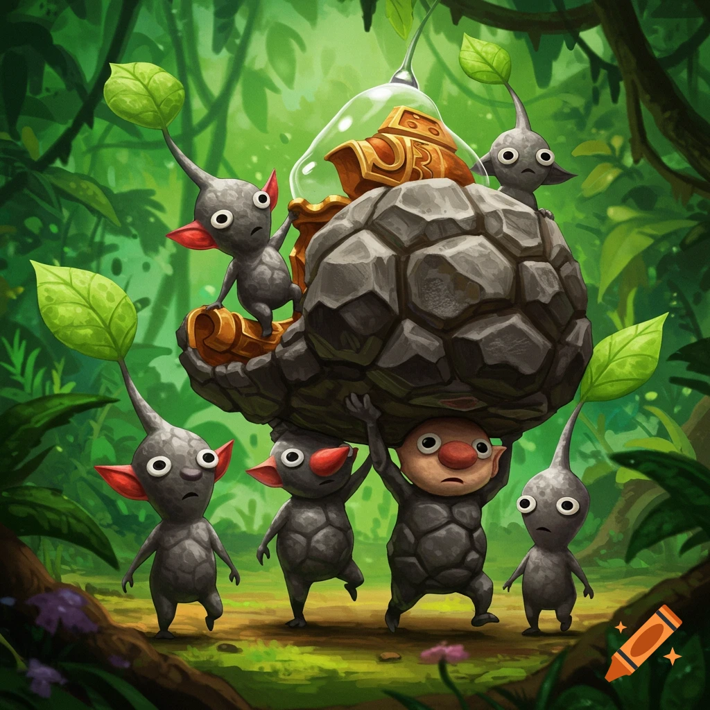 Several rock-like Pikmin and one reddish creature carry a large rock with a glass container through a jungle.