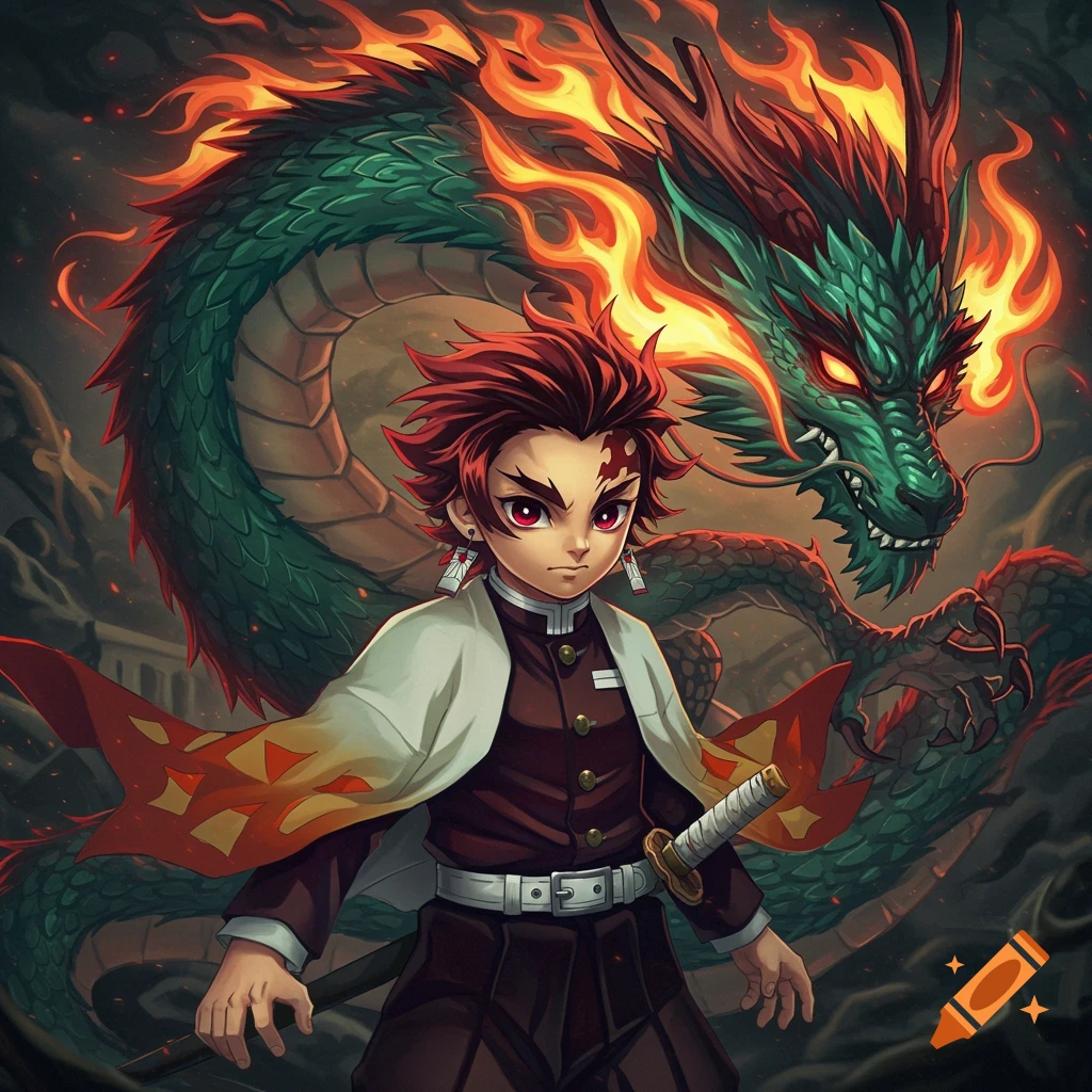 Anime boy with red hair and sword standing in front of a fiery green dragon.