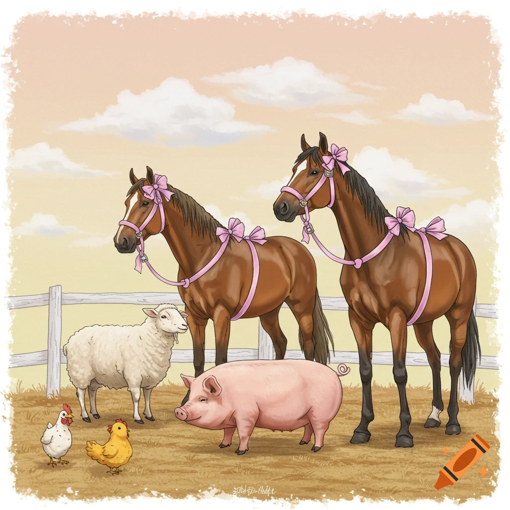 farm animals: two horses with pink bows, a sheep, a pig, and two chickens in a field.