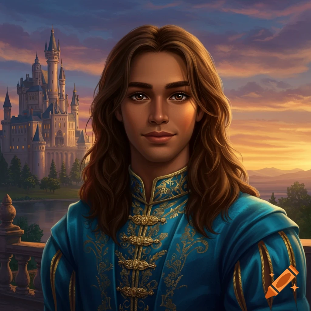 A young prince with long brown hair stands on a balcony with a castle at sunset.