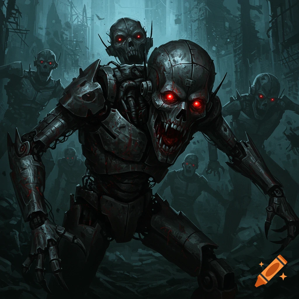 Scary robots with red eyes in a ruined city.