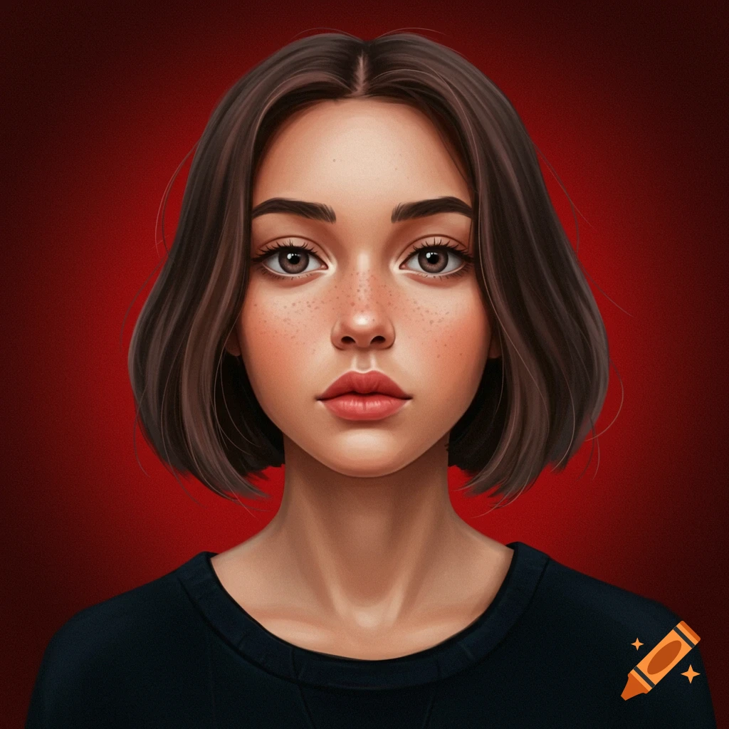 Portrait of a girl with freckles and short brown hair against a red background.