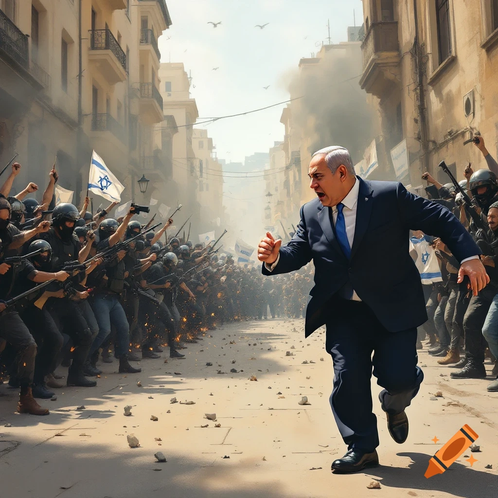 Netanyahu runs from angry protesters in a chaotic street scene with flags.