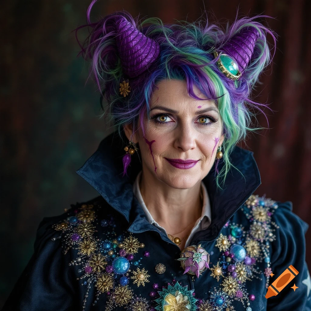 Portrait of a woman in a dark blue coat with elaborate gold and jewel embellishments, purple and green hair styled into horns, and purple facial makeup.