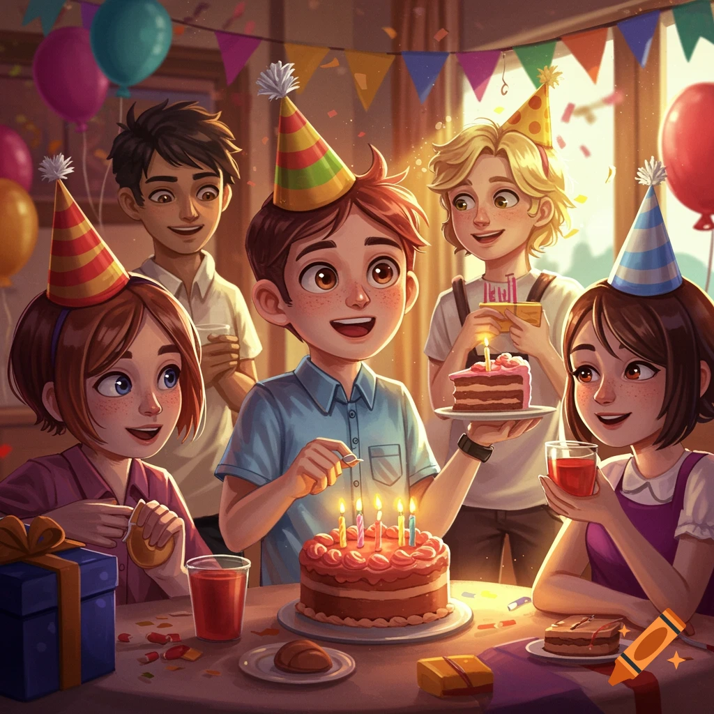 Friends celebrating a birthday with cake, candles, hats, and balloons.