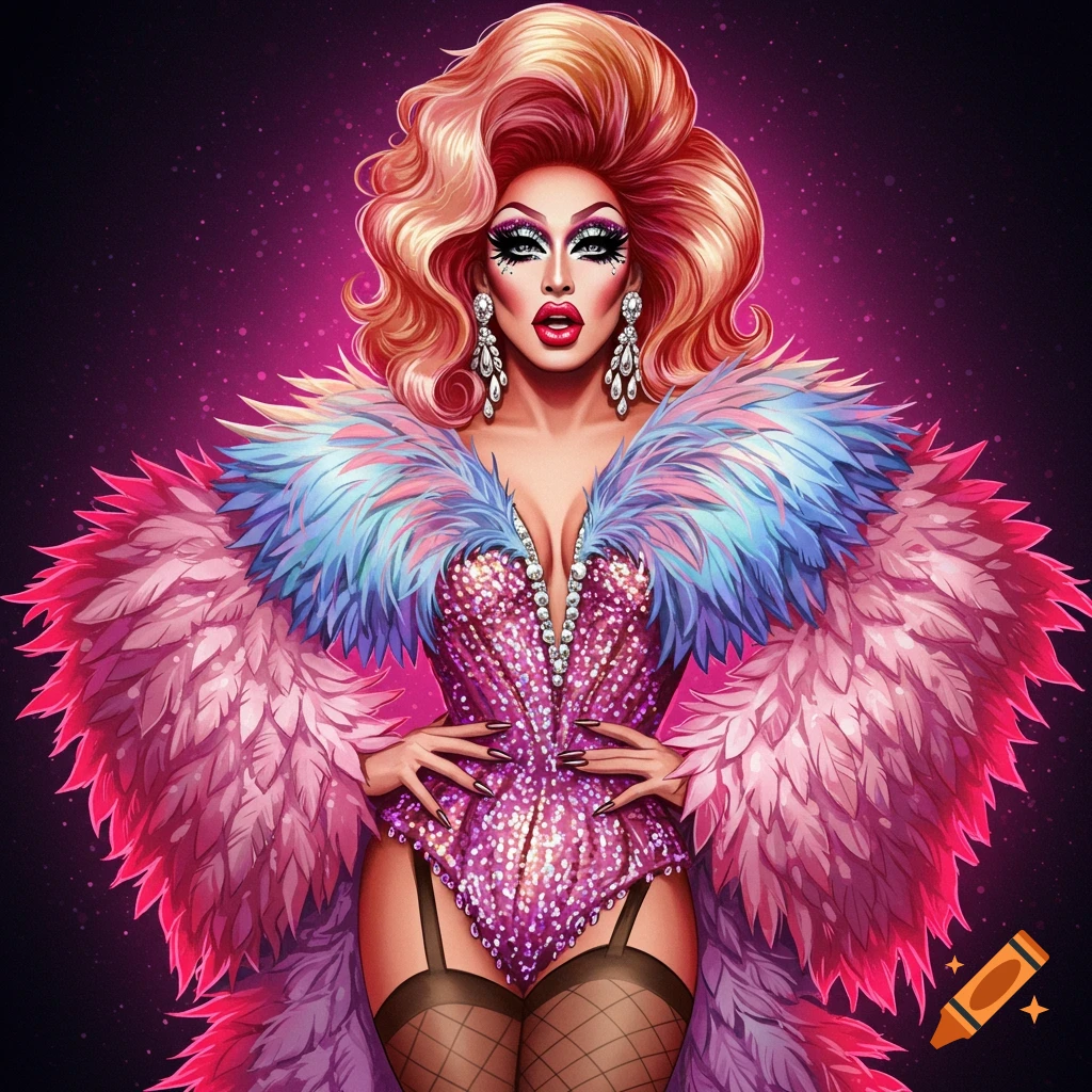 A drag queen in a sparkly pink corset and large feathered boa.