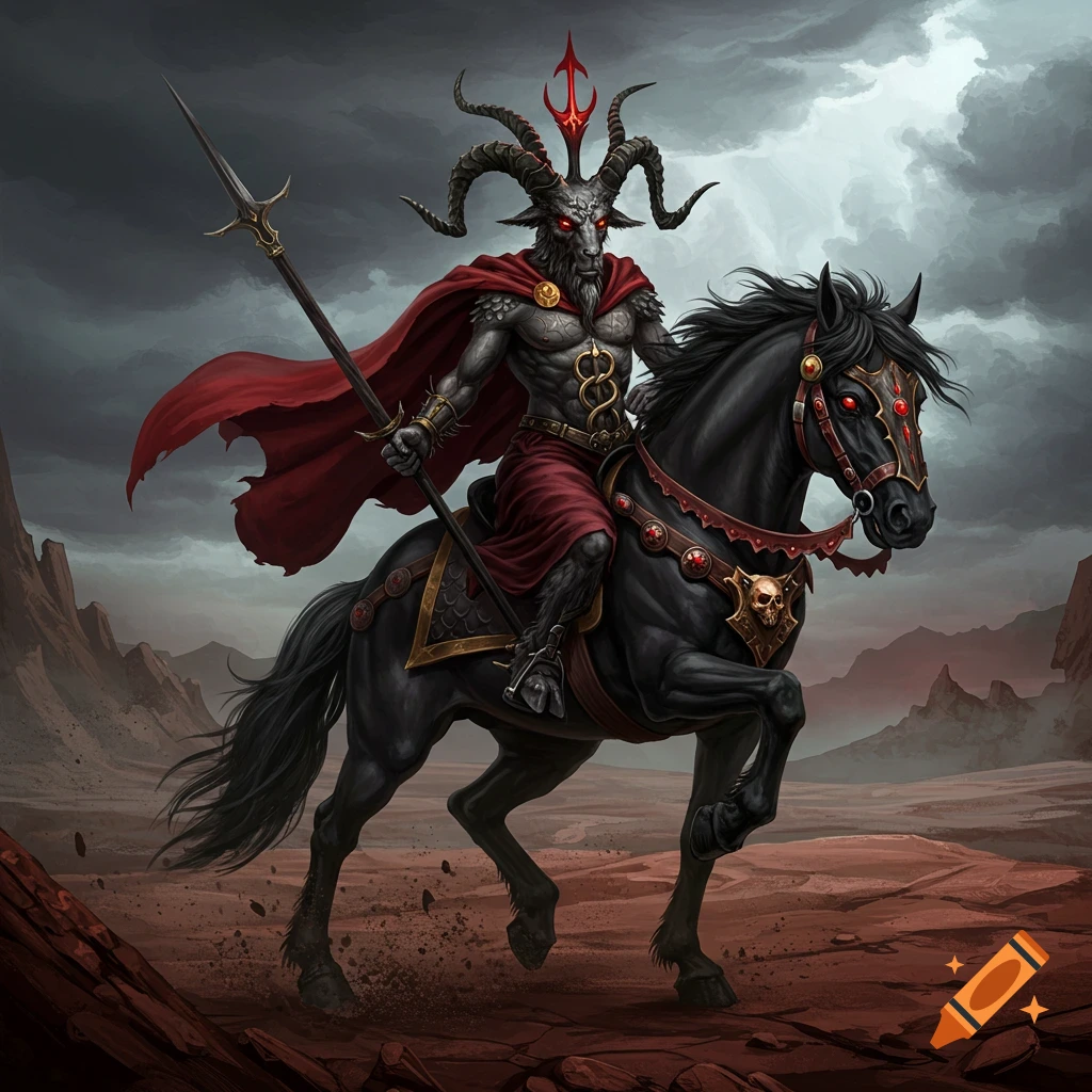A horned demonic figure in a red cape rides a black horse through a barren landscape.