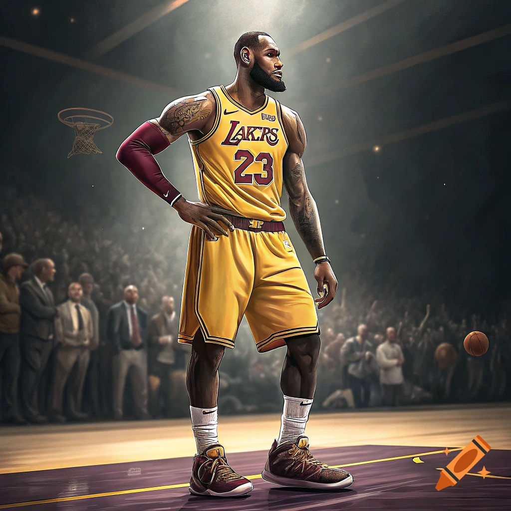 Illustration of a basketball player in a gold Lakers uniform on a court.