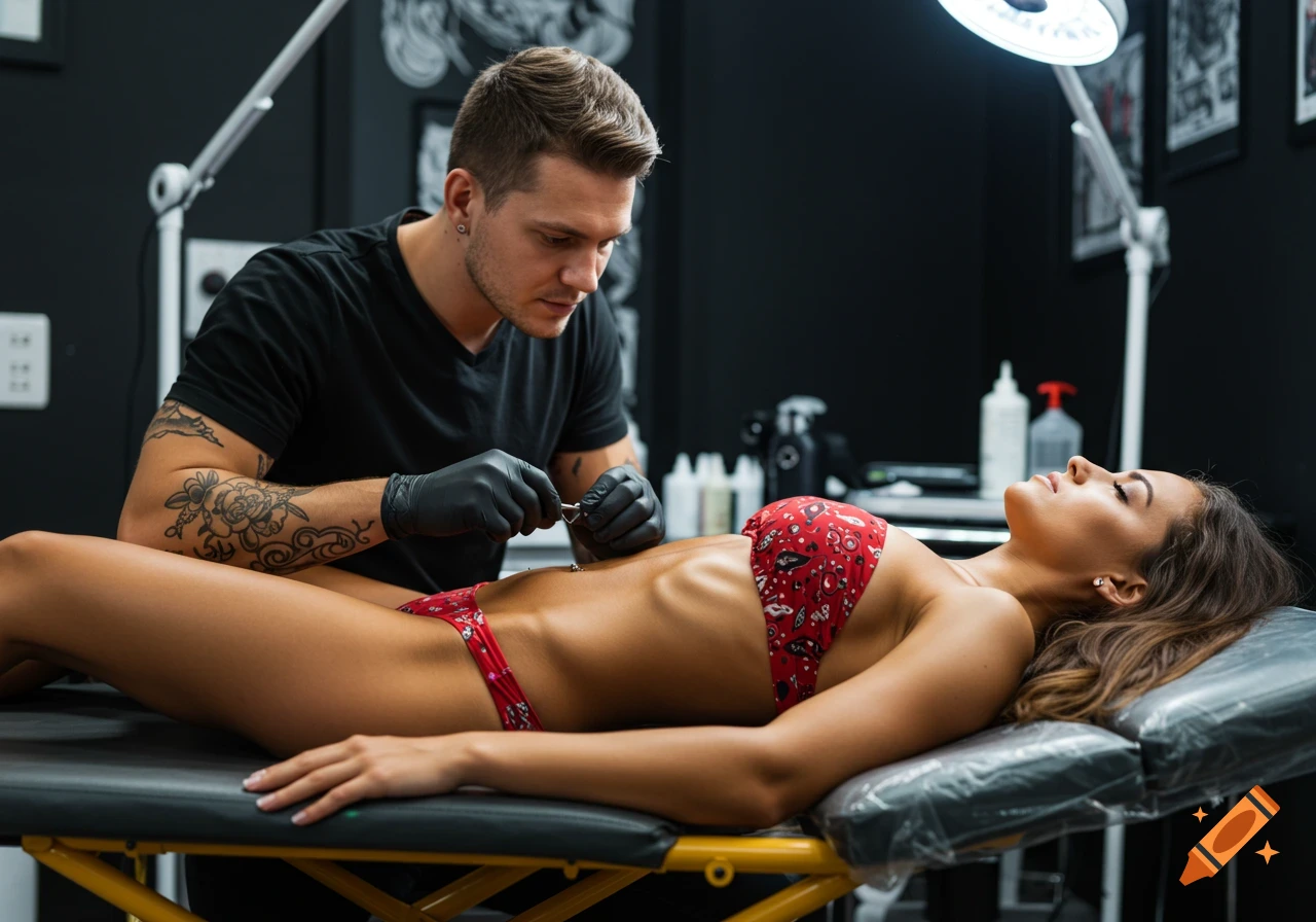 Man performs navel piercing on woman in bikini in piercing parlor, photorealistic style