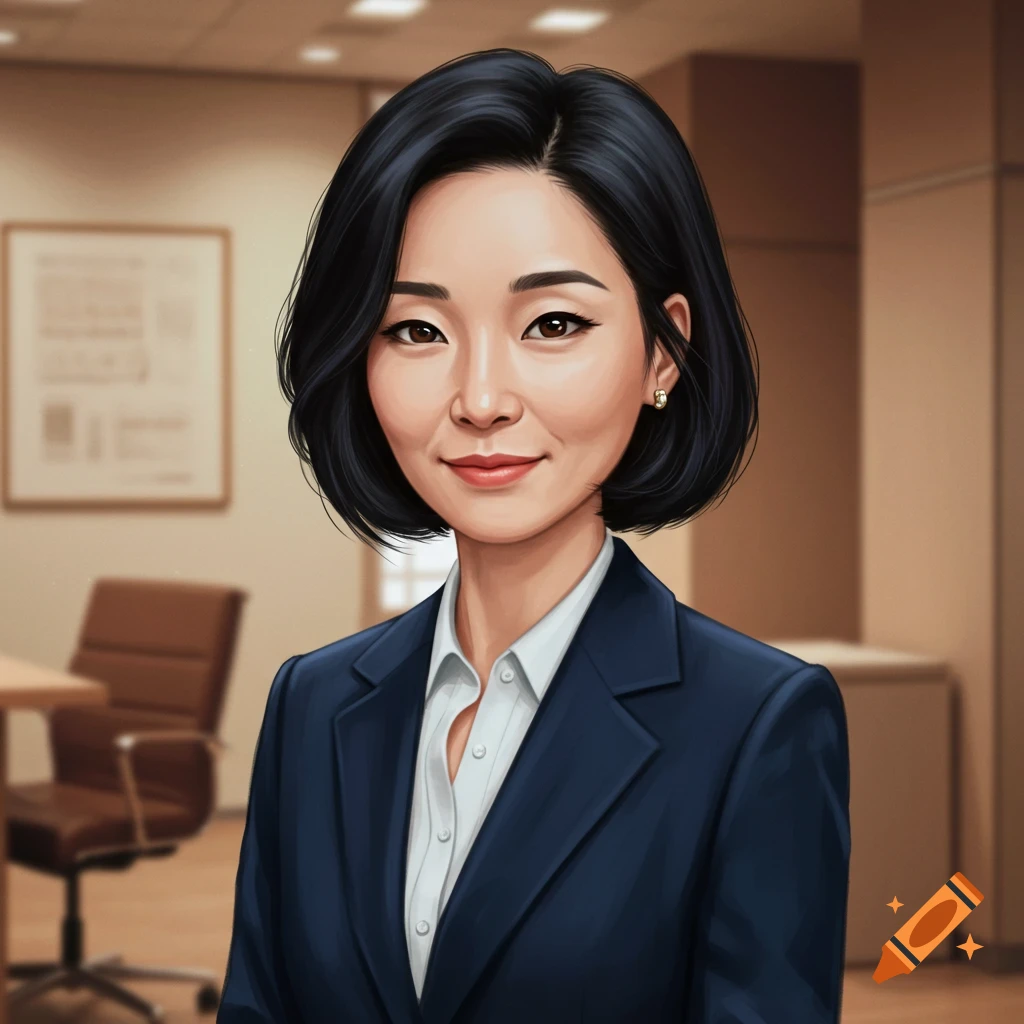 A middle-aged woman in a navy suit is in an office.