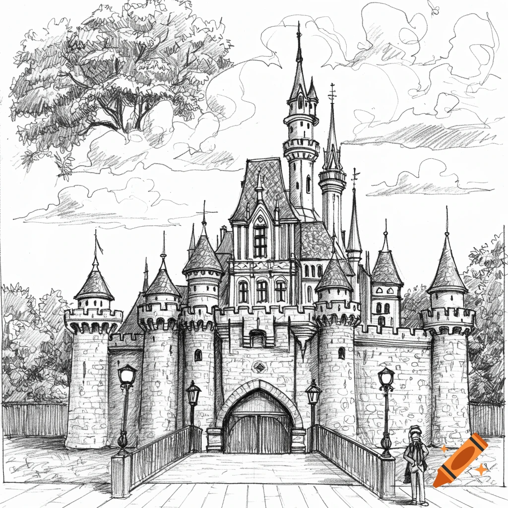 A detailed pencil sketch of a large castle with a bridge and trees.