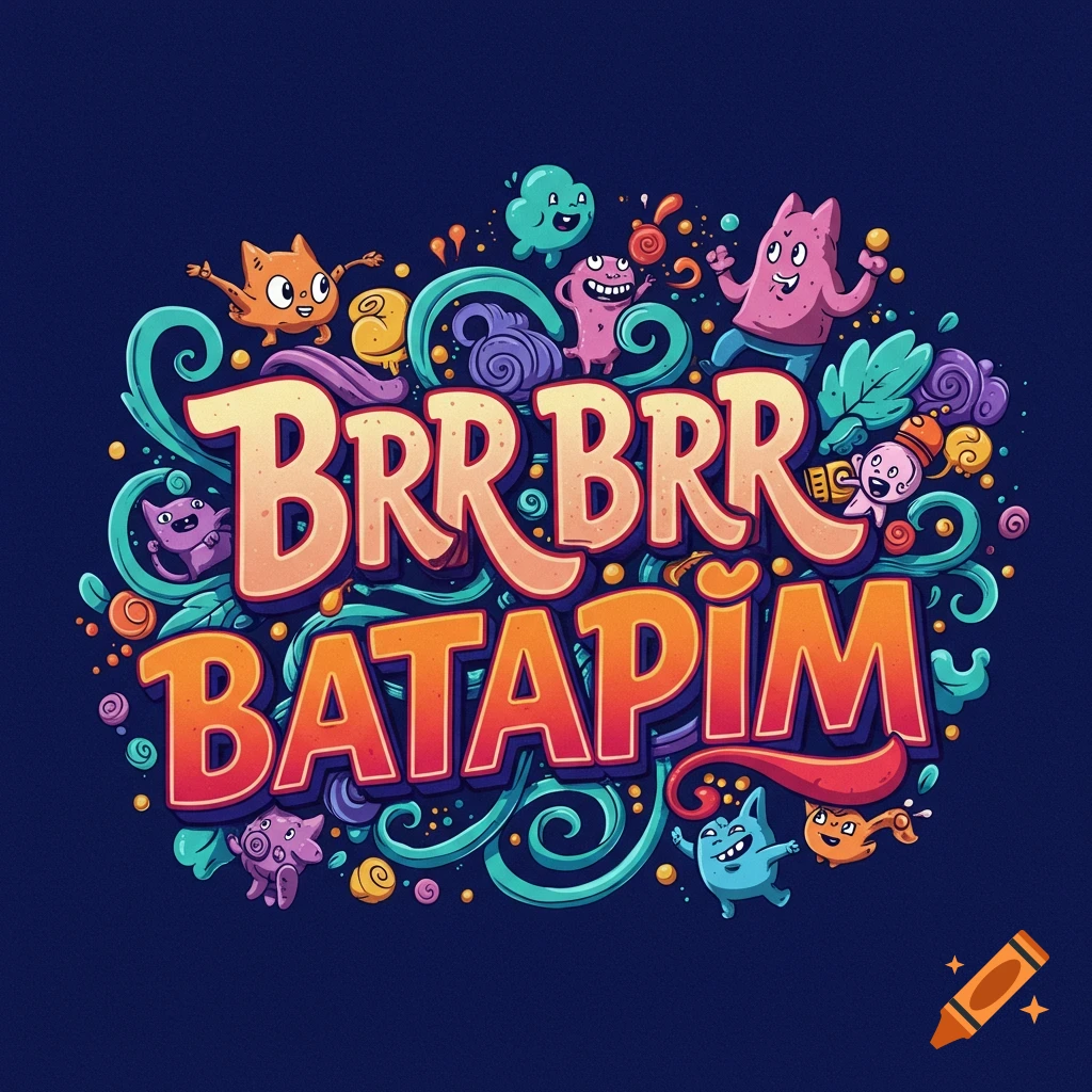 Colorful illustration with cartoon characters surrounding large text 'BRR BRR BATAPIM'