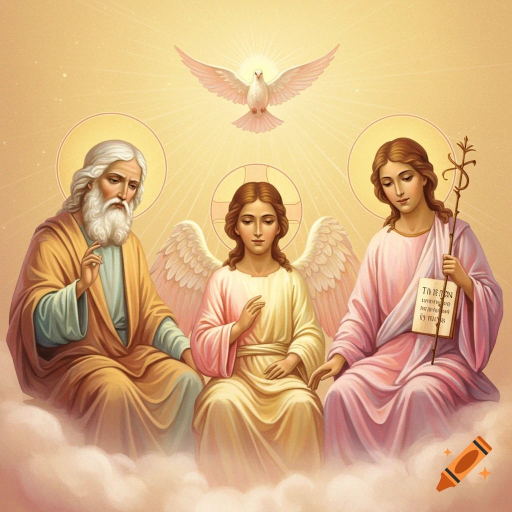 Three robed figures and a dove in the sky