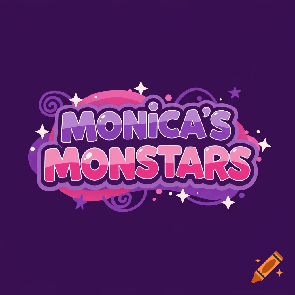Cartoon logo with purple and pink text saying 'Monica's Monstars' on a purple background.