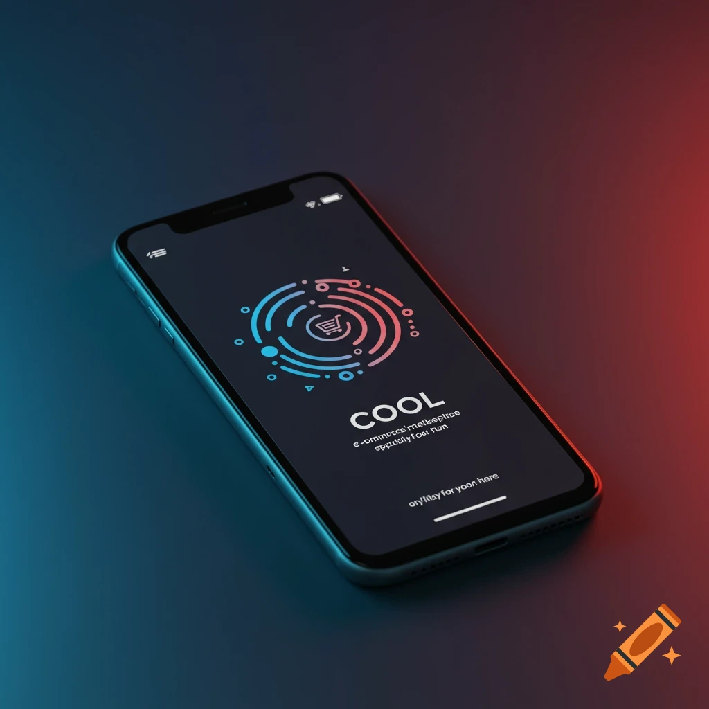 A smartphone displays a screen with a circular logo, shopping cart icon, and the word COOL. Abstract blue and pink design elements.