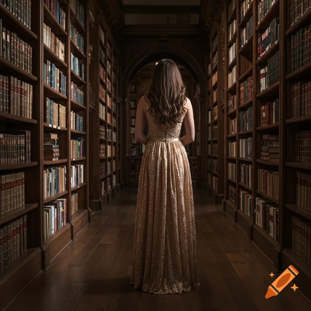 A woman in a sparkly gold dress stands looking down the aisle of a grand library filled with old books. Photorealistic style.