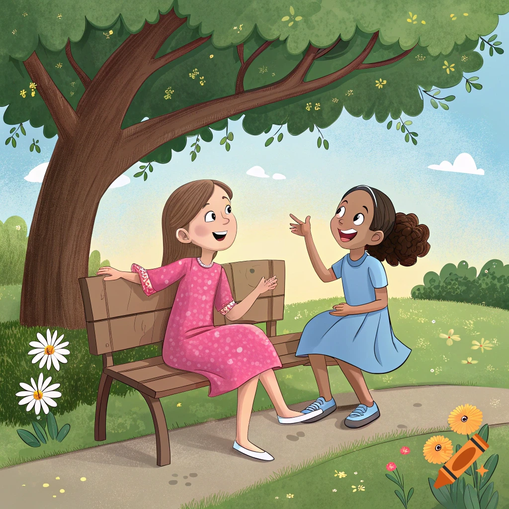 Illustration of two young girls talking on a park bench under a tree.