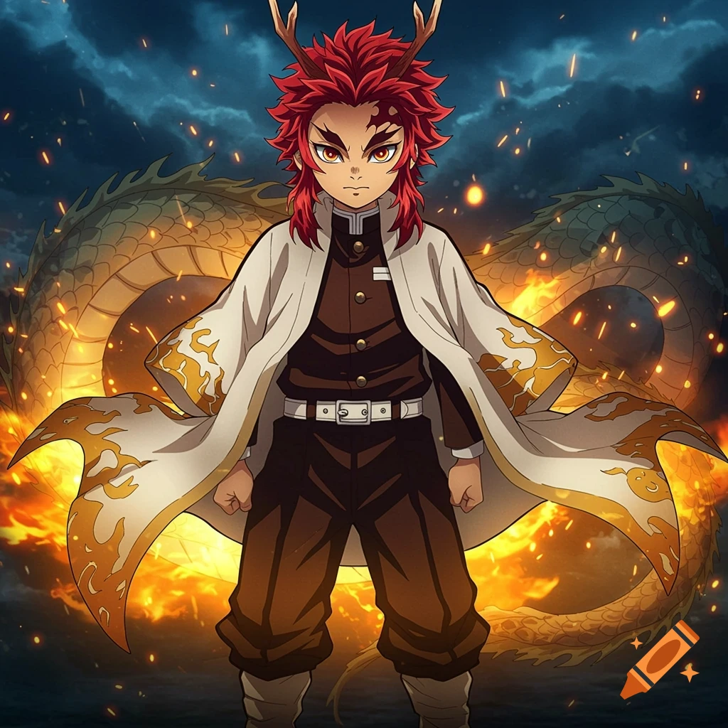 Anime boy with red hair and antlers in uniform stands before a fiery dragon.