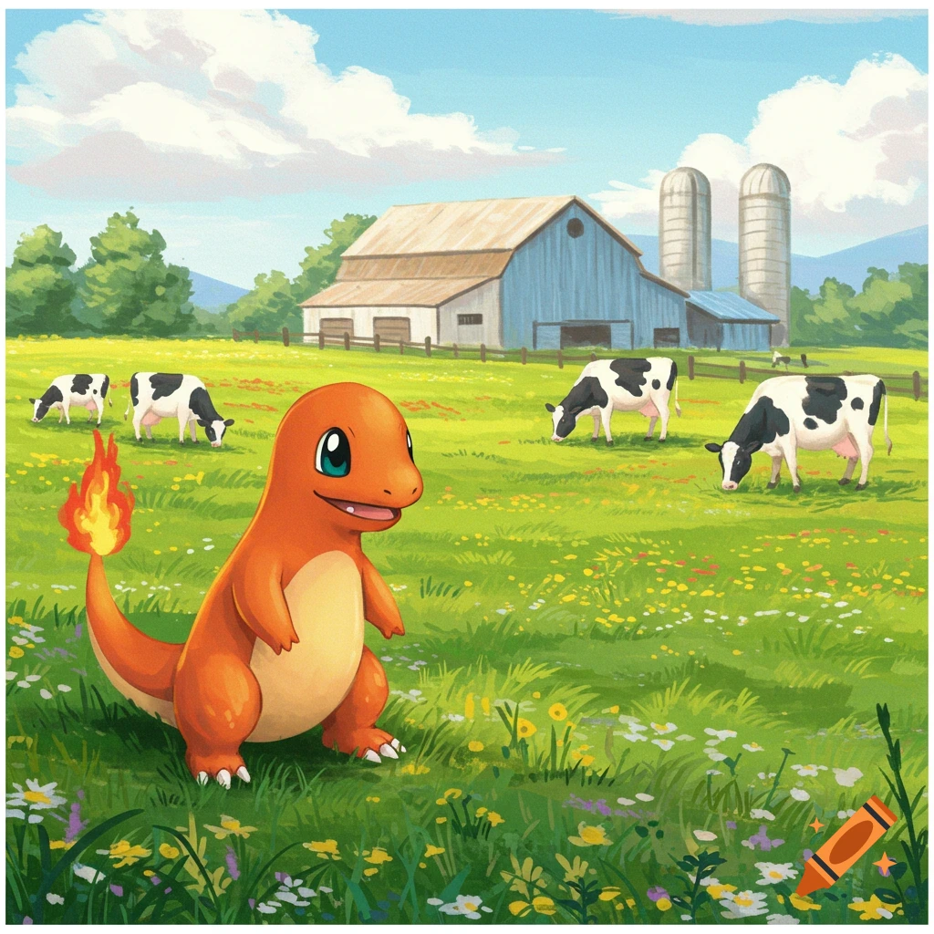 Charmander is standing in a field with cows and a barn.