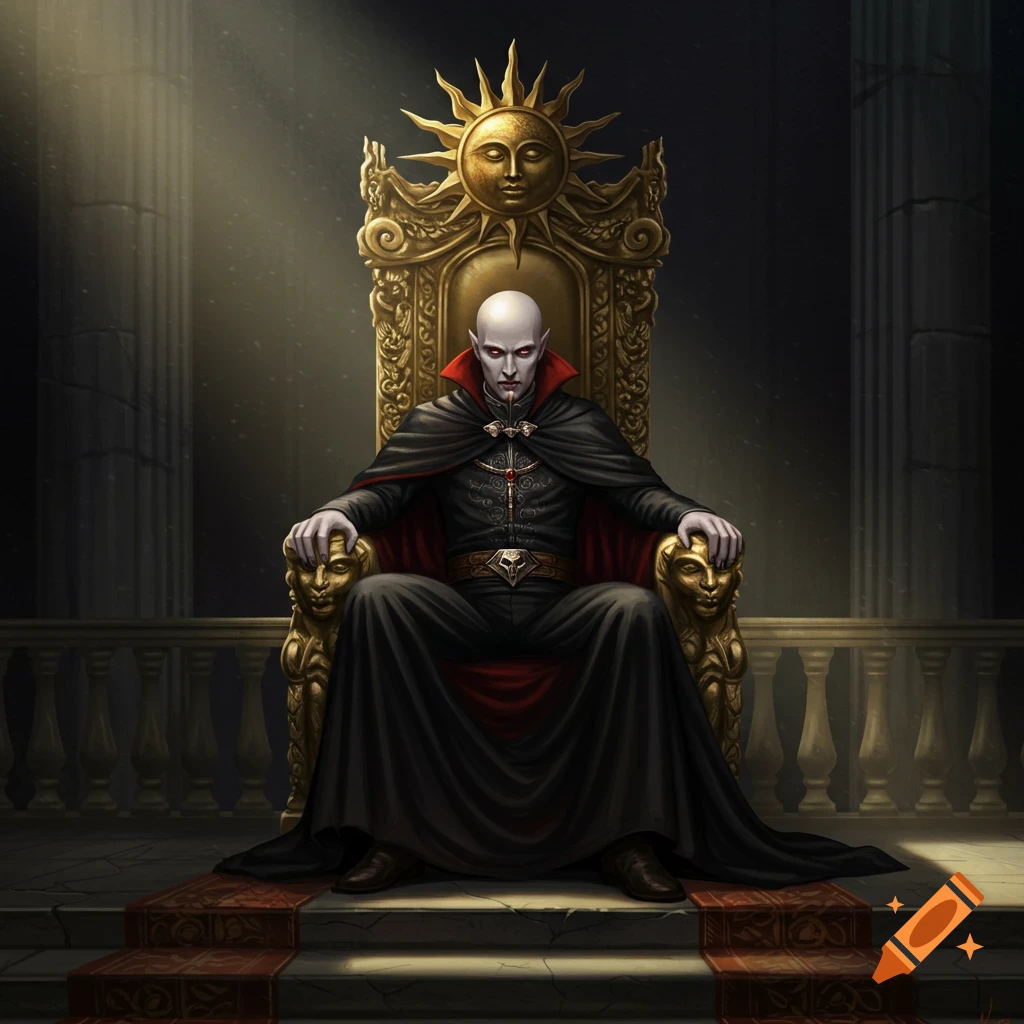 A bald vampire with a cape sits on a golden throne with a sun motif, looking out.