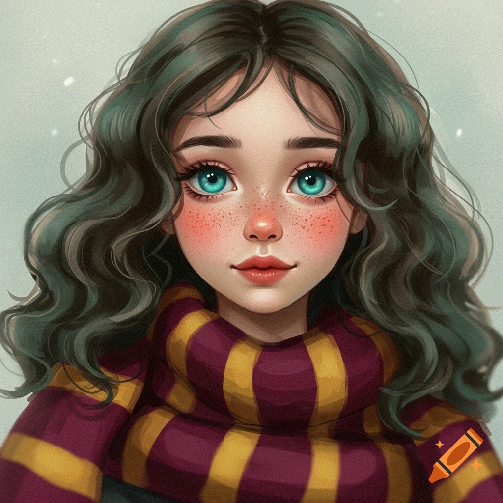 A portrait of a girl with wavy hair, freckles, blue eyes, and a maroon and gold striped scarf.