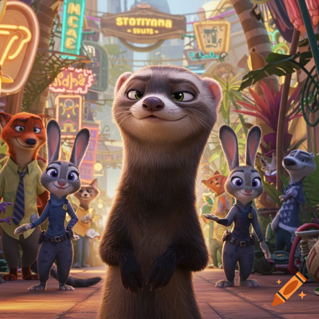 A ferret stands in the foreground with cartoon rabbit and fox characters behind it on a busy city street in animation style.